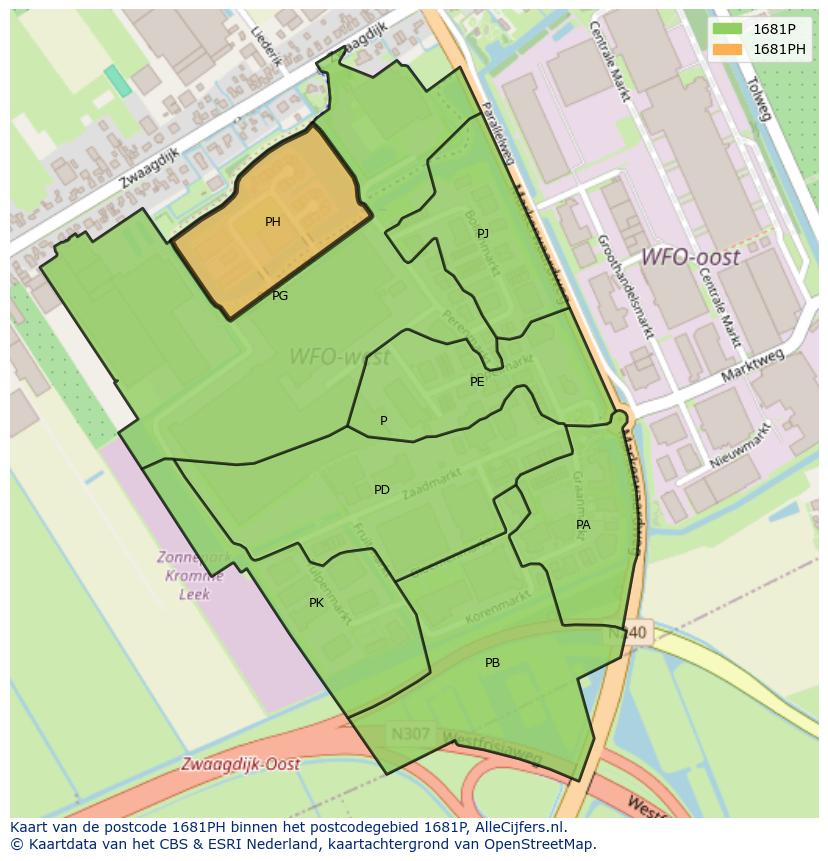 Afbeelding van het postcodegebied 1681 PH op de kaart.