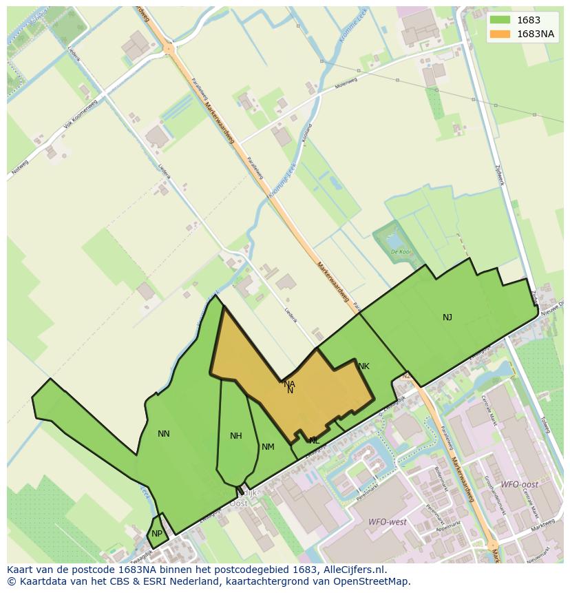 Afbeelding van het postcodegebied 1683 NA op de kaart.