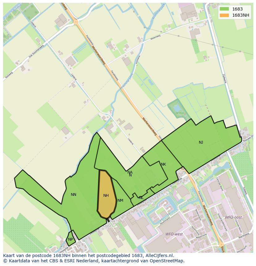 Afbeelding van het postcodegebied 1683 NH op de kaart.