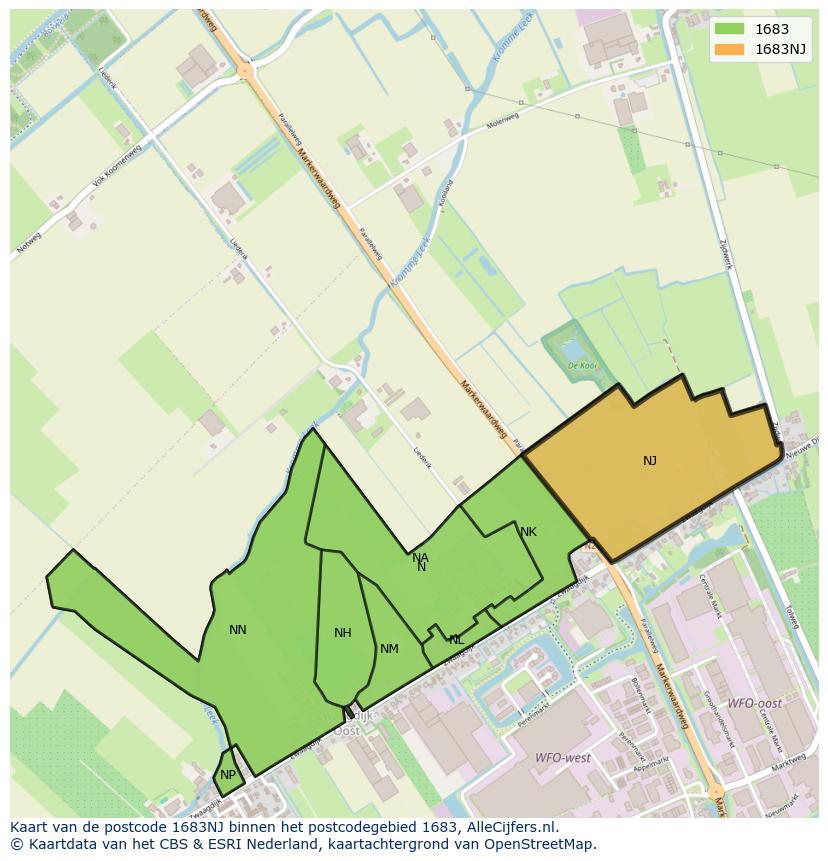 Afbeelding van het postcodegebied 1683 NJ op de kaart.
