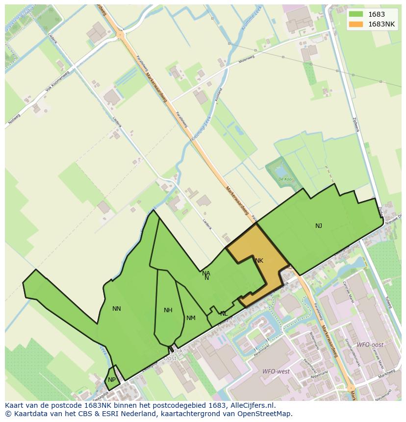 Afbeelding van het postcodegebied 1683 NK op de kaart.