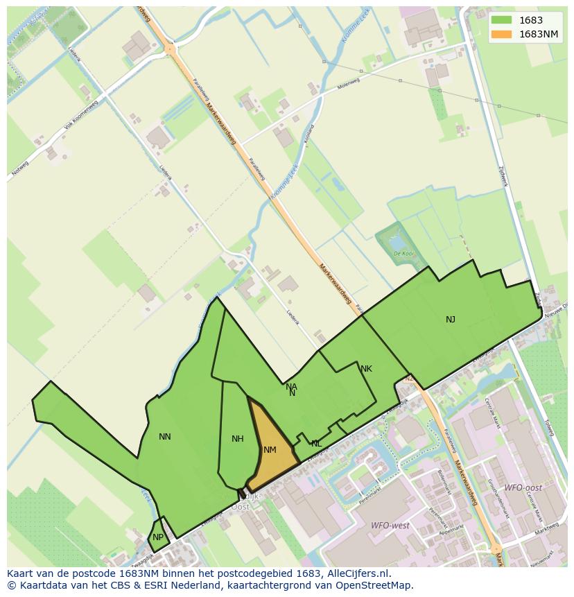 Afbeelding van het postcodegebied 1683 NM op de kaart.