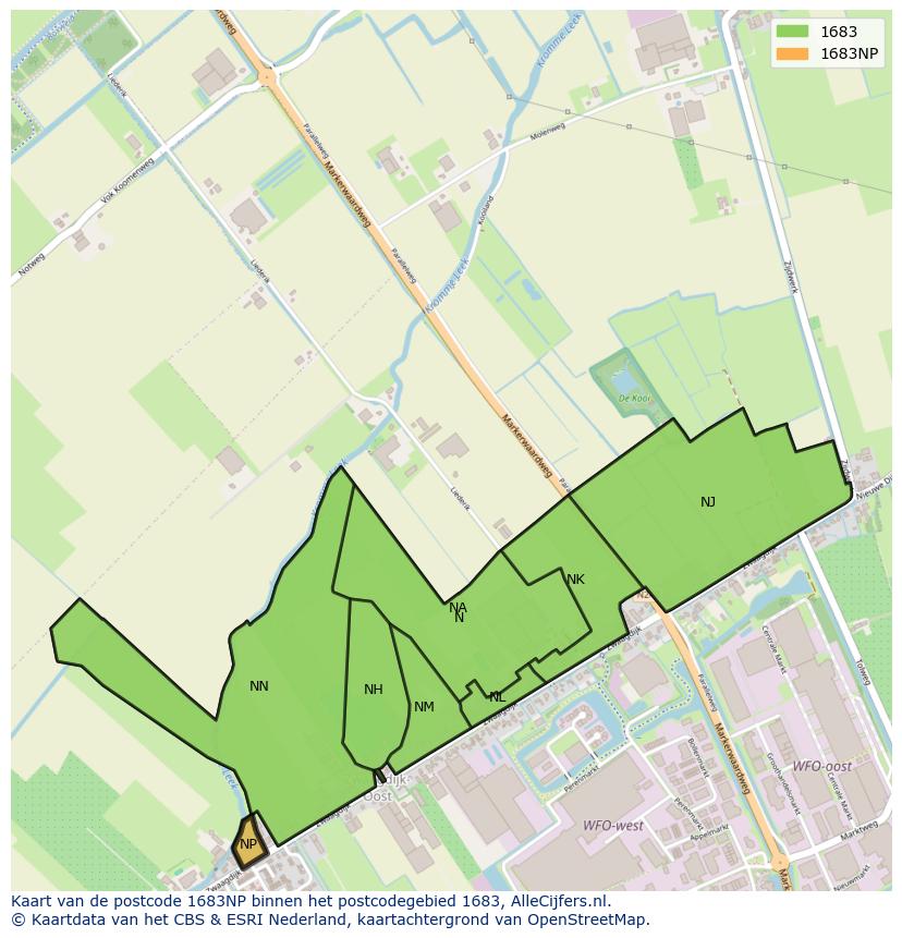 Afbeelding van het postcodegebied 1683 NP op de kaart.