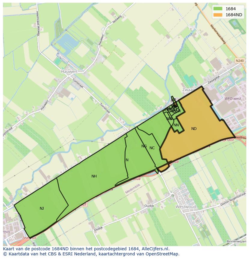 Afbeelding van het postcodegebied 1684 ND op de kaart.