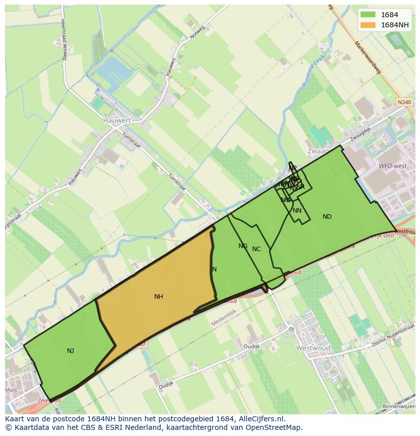 Afbeelding van het postcodegebied 1684 NH op de kaart.