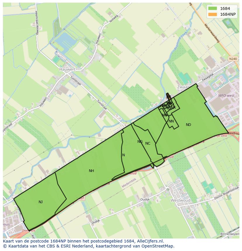 Afbeelding van het postcodegebied 1684 NP op de kaart.
