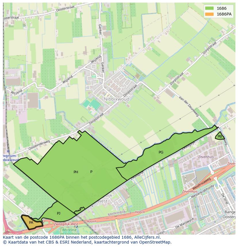 Afbeelding van het postcodegebied 1686 PA op de kaart.