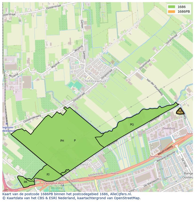 Afbeelding van het postcodegebied 1686 PB op de kaart.
