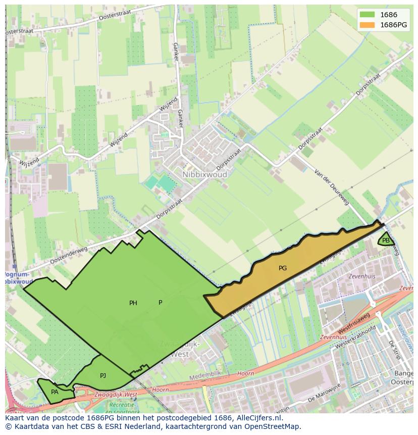 Afbeelding van het postcodegebied 1686 PG op de kaart.