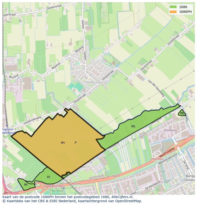 Afbeelding van het postcodegebied 1686 PH op de kaart.
