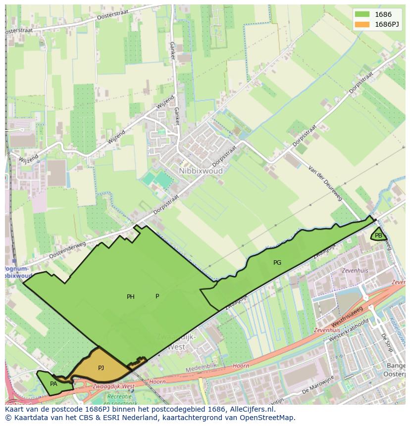 Afbeelding van het postcodegebied 1686 PJ op de kaart.