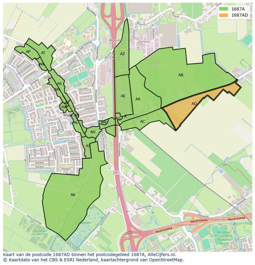 Afbeelding van het postcodegebied 1687 AD op de kaart.