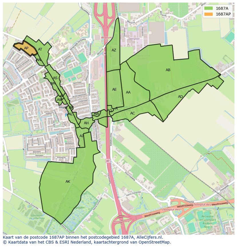 Afbeelding van het postcodegebied 1687 AP op de kaart.