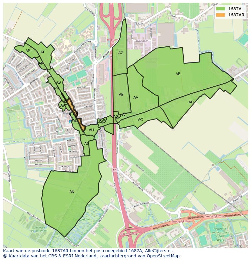 Afbeelding van het postcodegebied 1687 AR op de kaart.