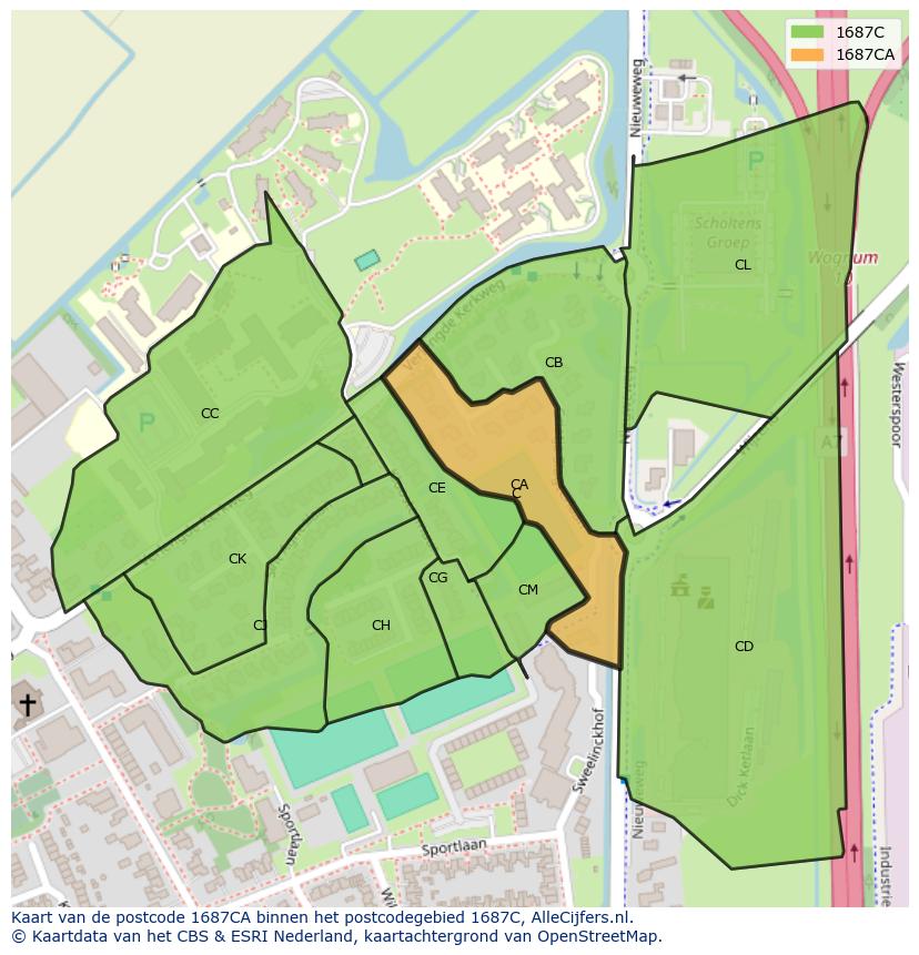 Afbeelding van het postcodegebied 1687 CA op de kaart.