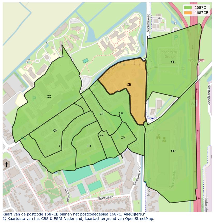 Afbeelding van het postcodegebied 1687 CB op de kaart.