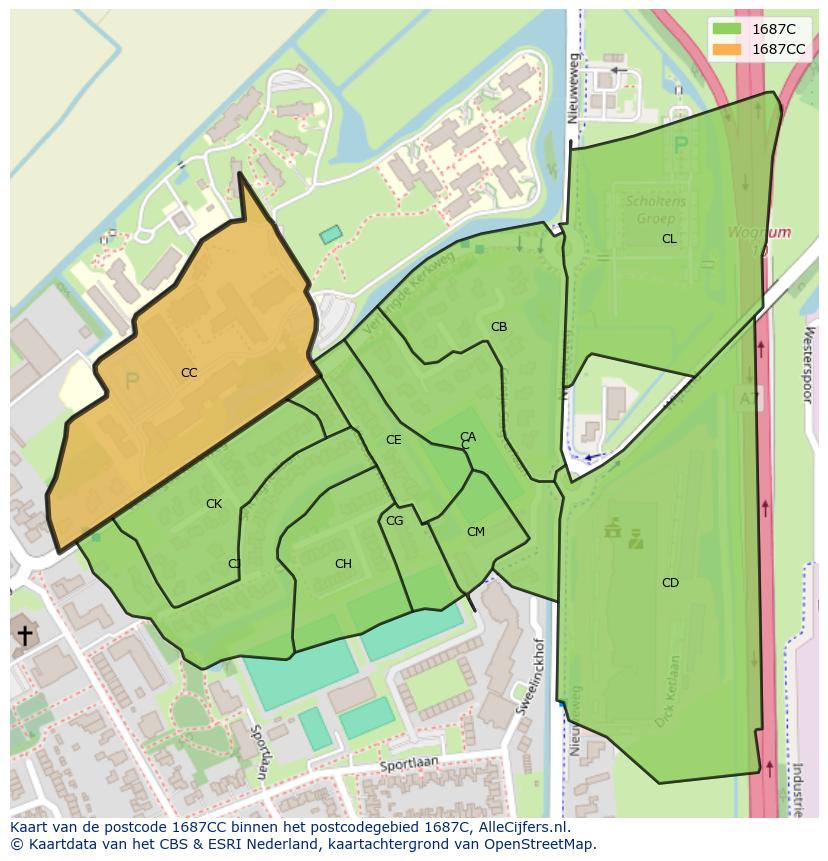 Afbeelding van het postcodegebied 1687 CC op de kaart.