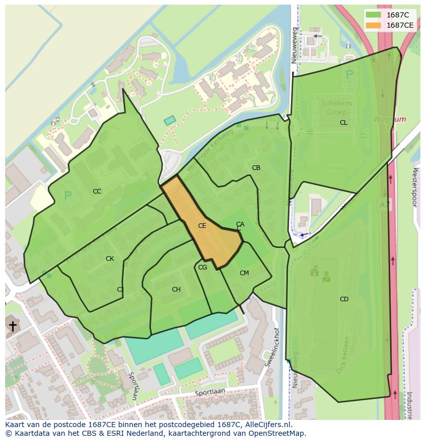 Afbeelding van het postcodegebied 1687 CE op de kaart.