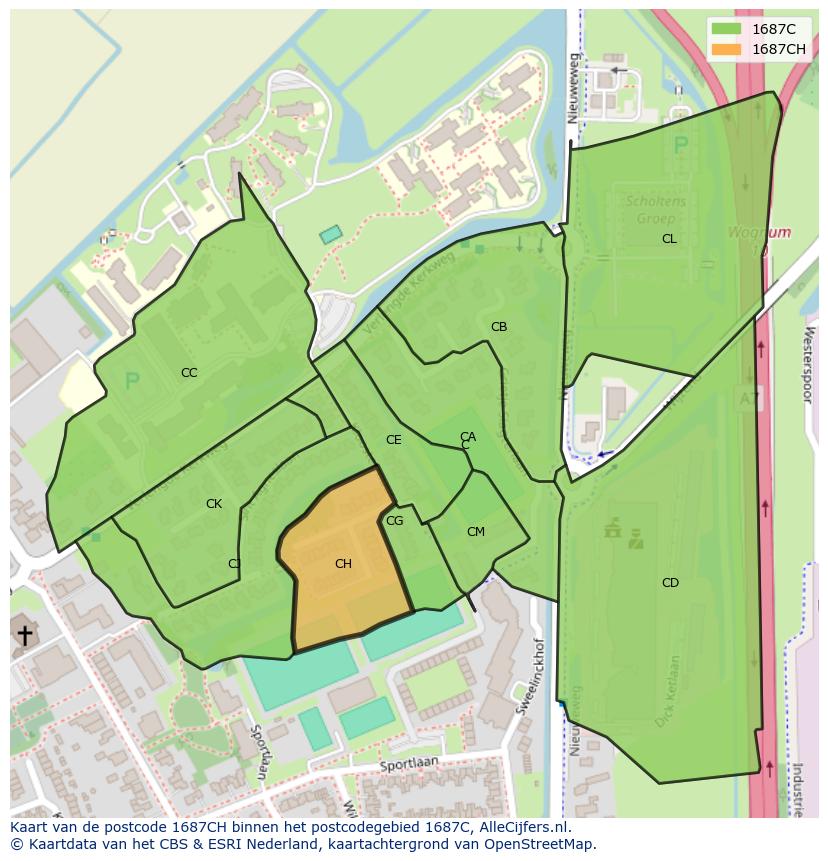 Afbeelding van het postcodegebied 1687 CH op de kaart.