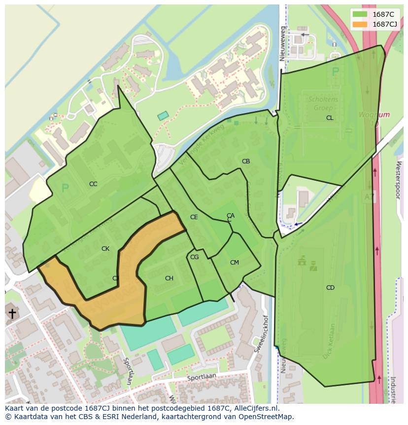 Afbeelding van het postcodegebied 1687 CJ op de kaart.