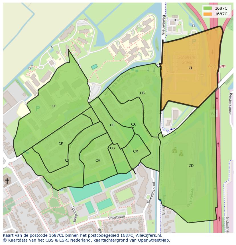 Afbeelding van het postcodegebied 1687 CL op de kaart.