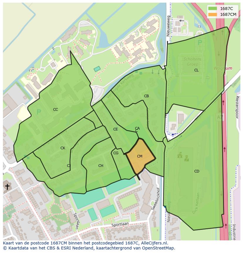 Afbeelding van het postcodegebied 1687 CM op de kaart.