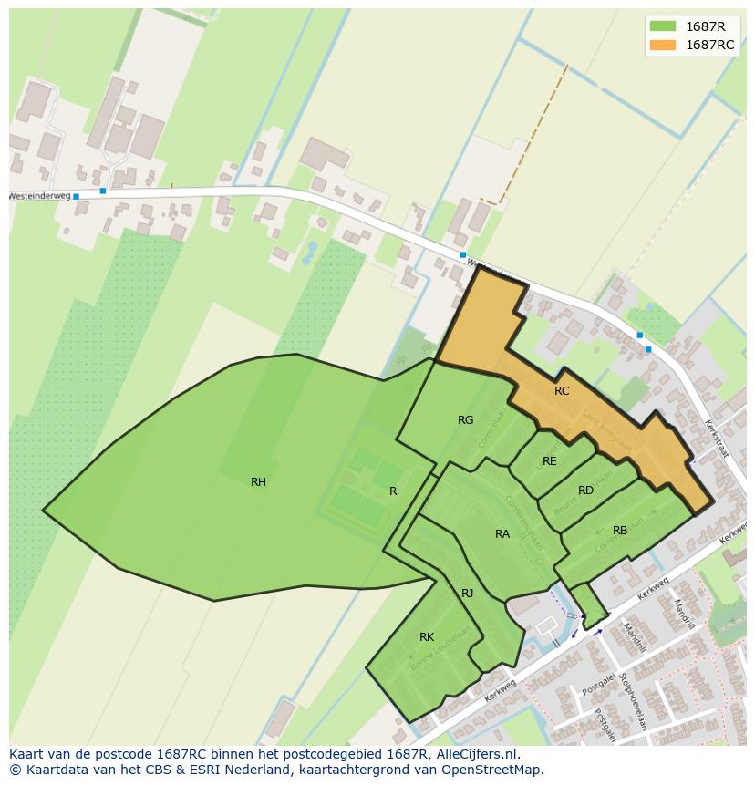 Afbeelding van het postcodegebied 1687 RC op de kaart.