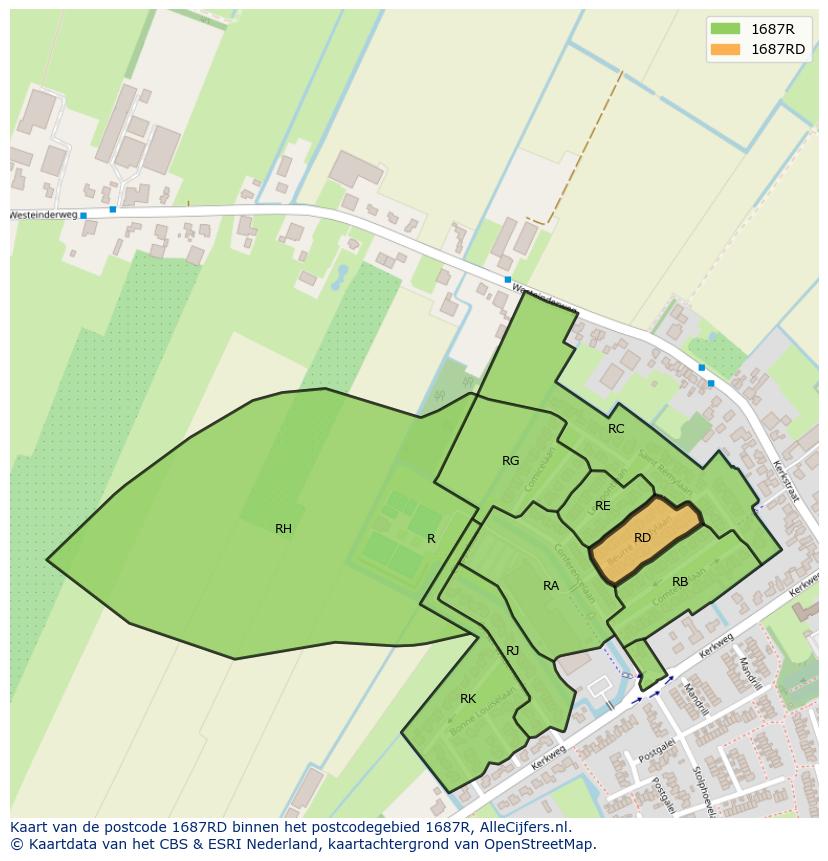 Afbeelding van het postcodegebied 1687 RD op de kaart.