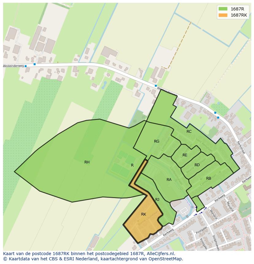 Afbeelding van het postcodegebied 1687 RK op de kaart.