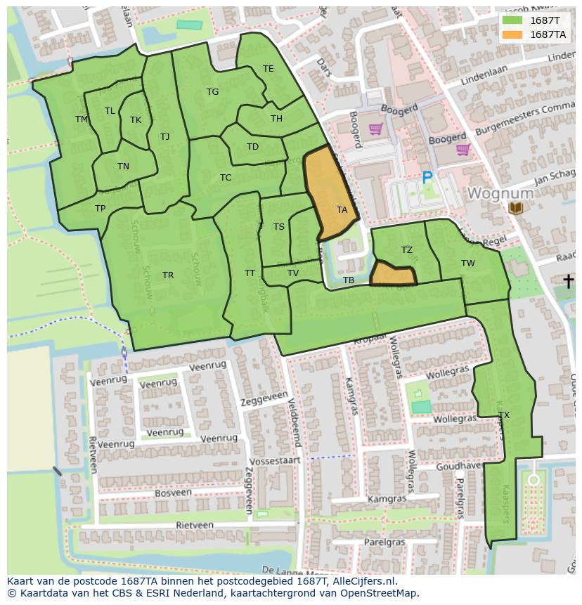 Afbeelding van het postcodegebied 1687 TA op de kaart.