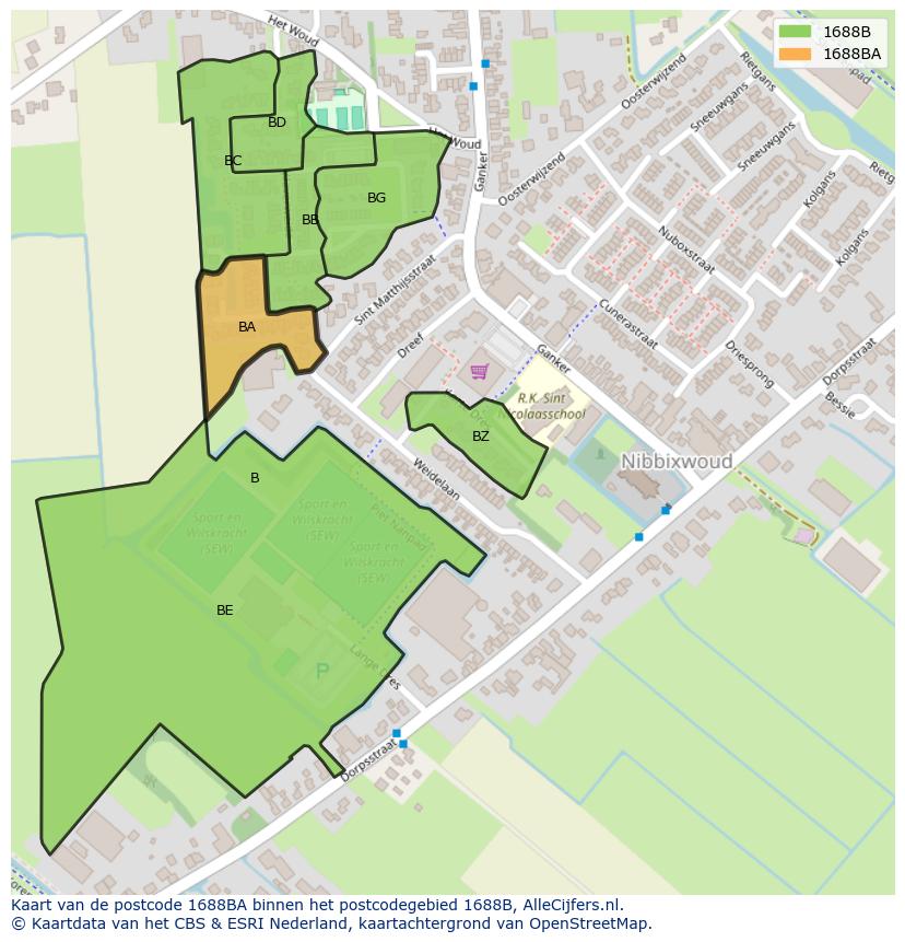 Afbeelding van het postcodegebied 1688 BA op de kaart.