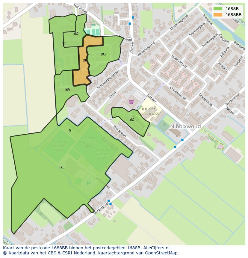 Afbeelding van het postcodegebied 1688 BB op de kaart.