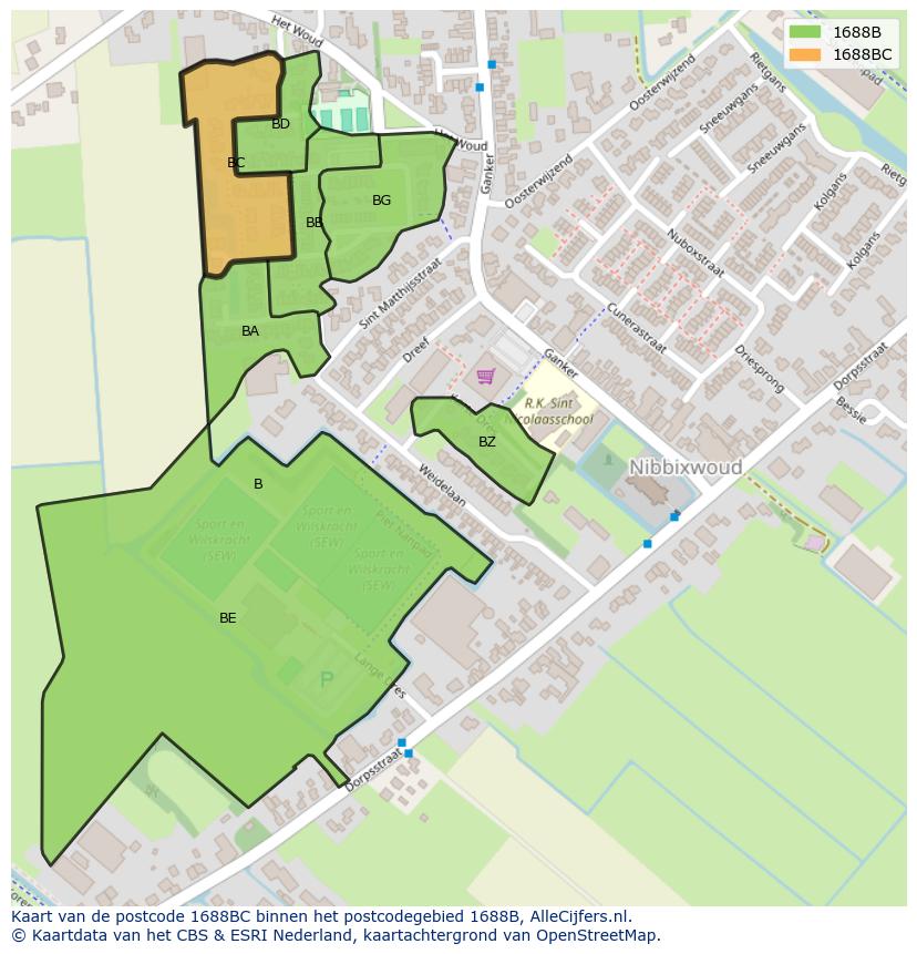 Afbeelding van het postcodegebied 1688 BC op de kaart.
