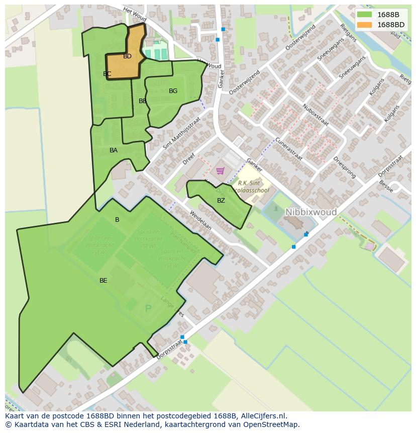 Afbeelding van het postcodegebied 1688 BD op de kaart.