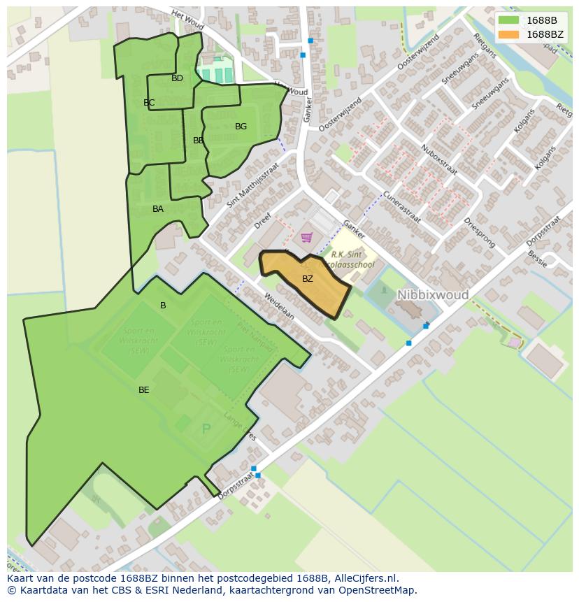 Afbeelding van het postcodegebied 1688 BZ op de kaart.