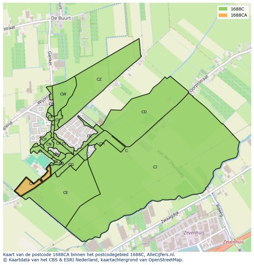 Afbeelding van het postcodegebied 1688 CA op de kaart.
