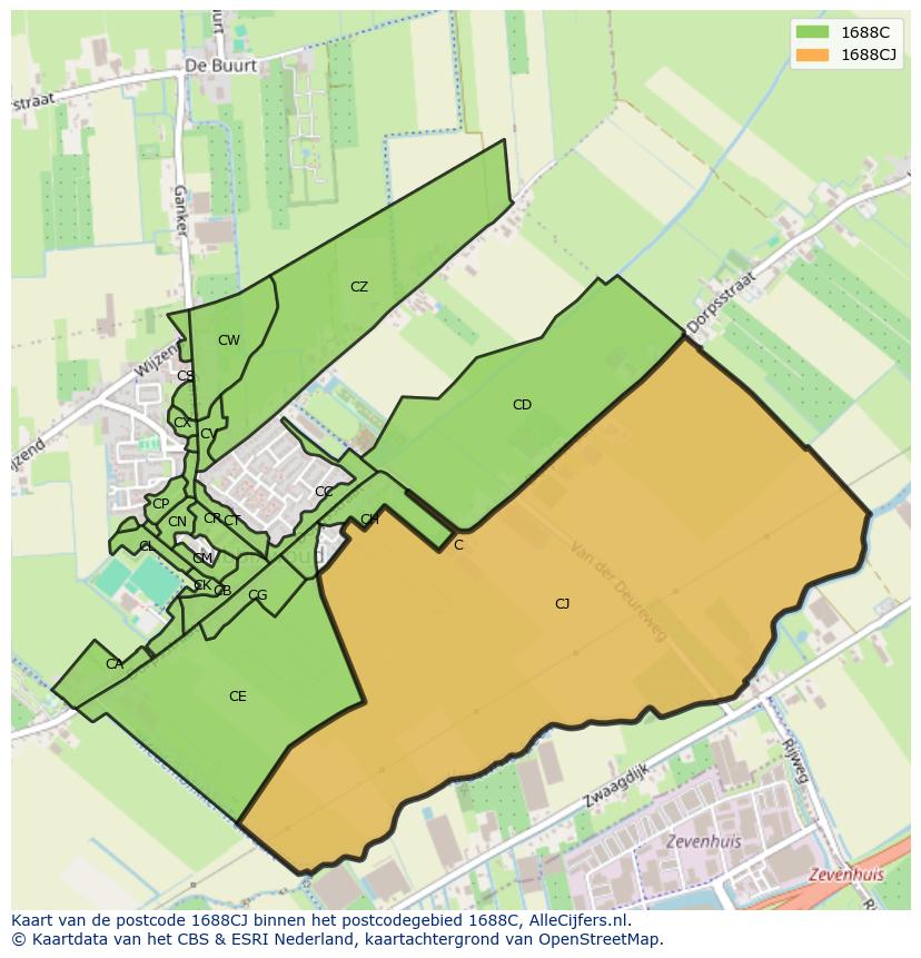 Afbeelding van het postcodegebied 1688 CJ op de kaart.