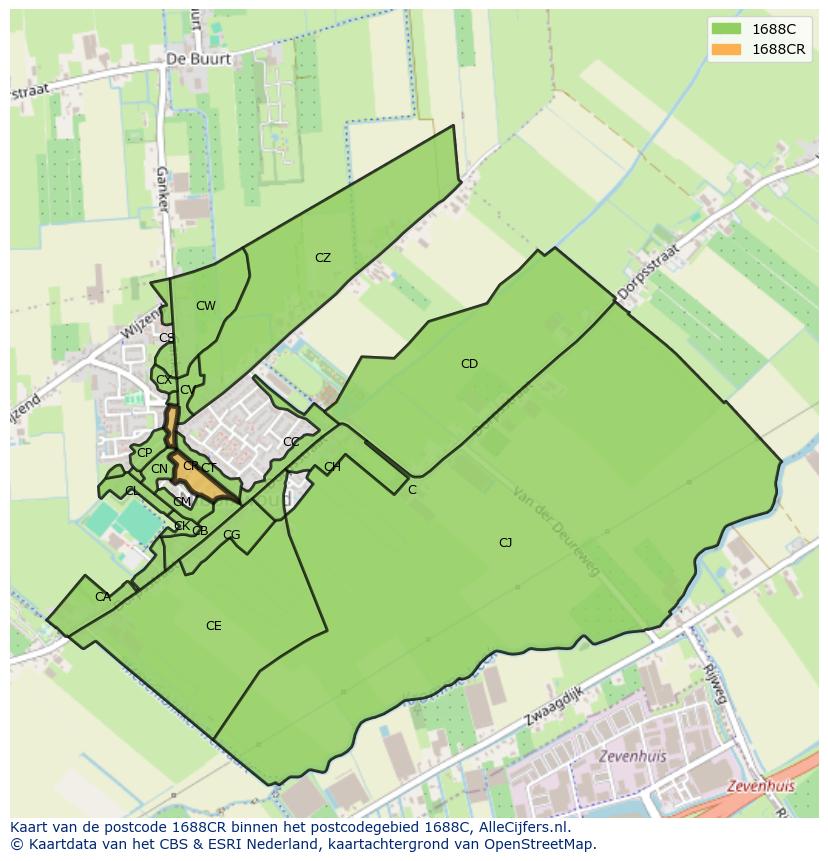 Afbeelding van het postcodegebied 1688 CR op de kaart.