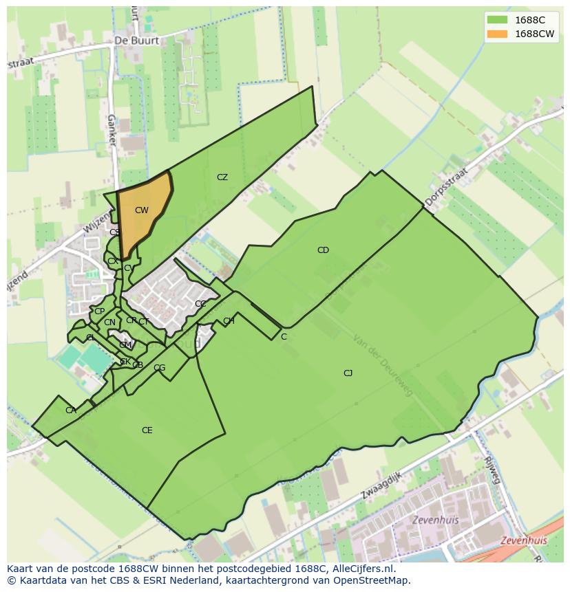 Afbeelding van het postcodegebied 1688 CW op de kaart.