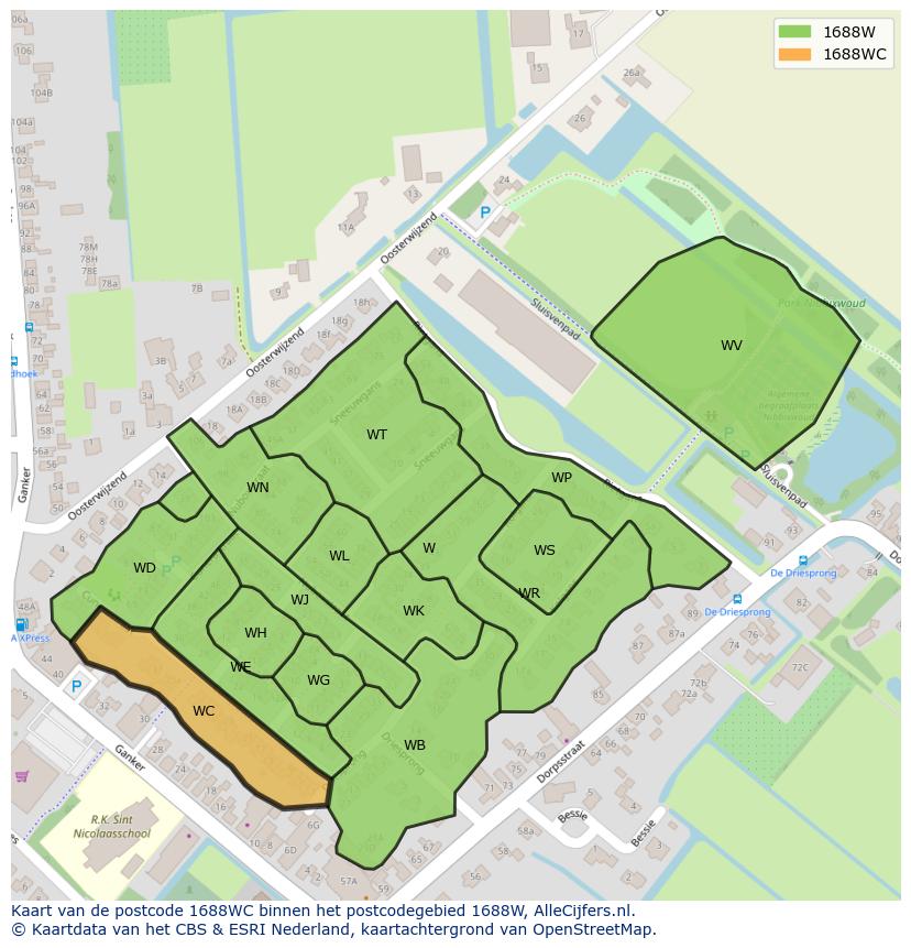 Afbeelding van het postcodegebied 1688 WC op de kaart.