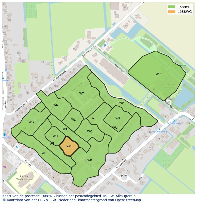 Afbeelding van het postcodegebied 1688 WG op de kaart.