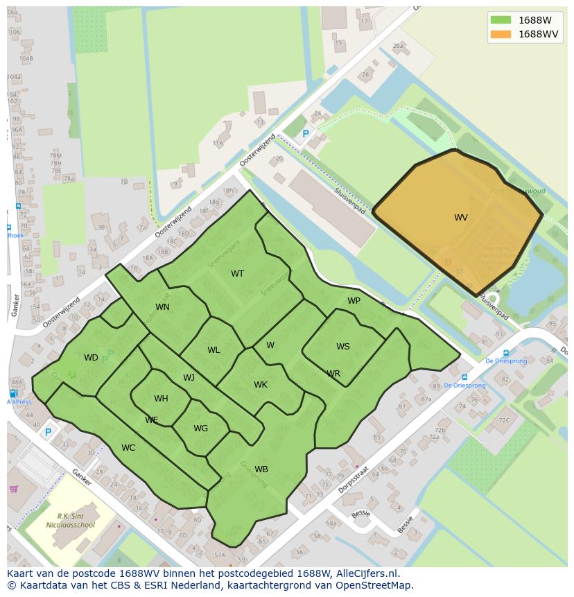 Afbeelding van het postcodegebied 1688 WV op de kaart.