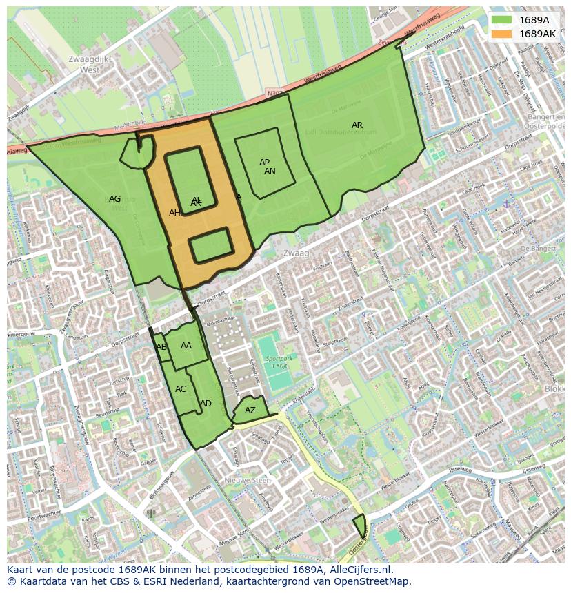 Afbeelding van het postcodegebied 1689 AK op de kaart.