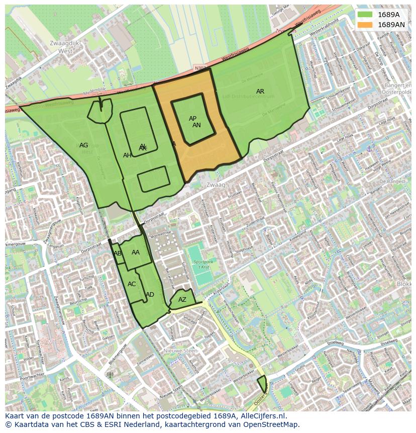 Afbeelding van het postcodegebied 1689 AN op de kaart.