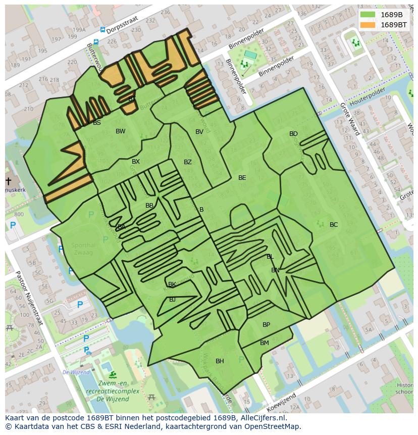 Afbeelding van het postcodegebied 1689 BT op de kaart.