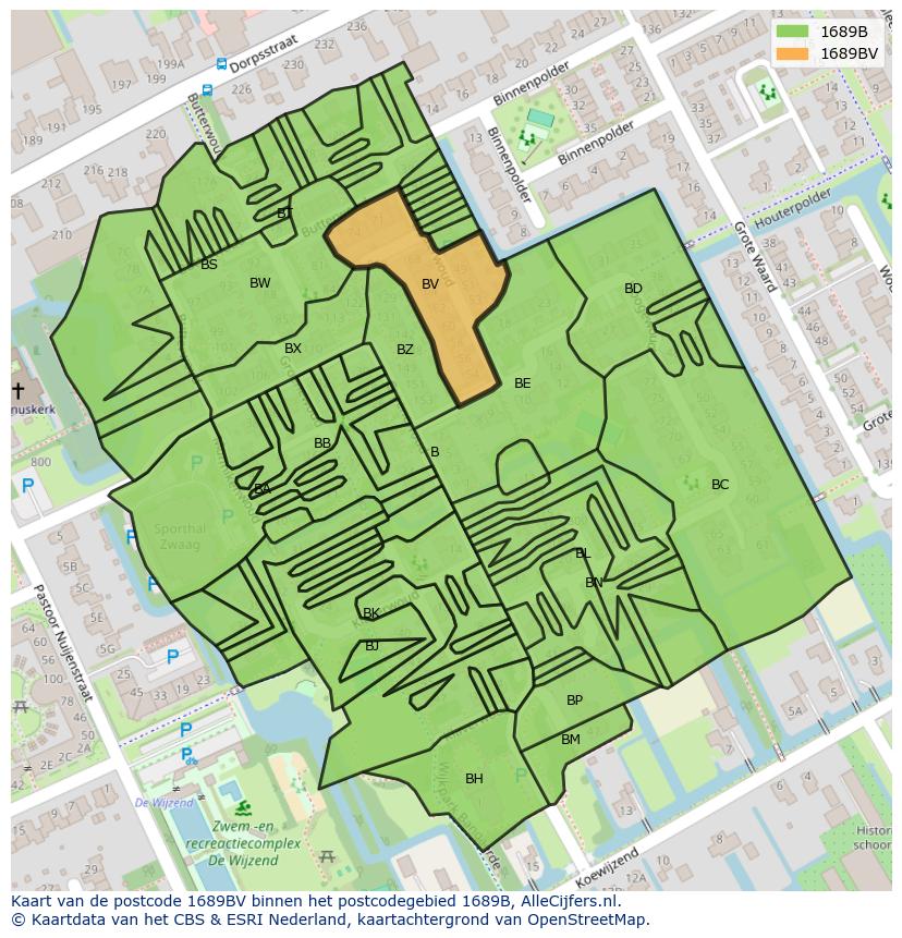 Afbeelding van het postcodegebied 1689 BV op de kaart.