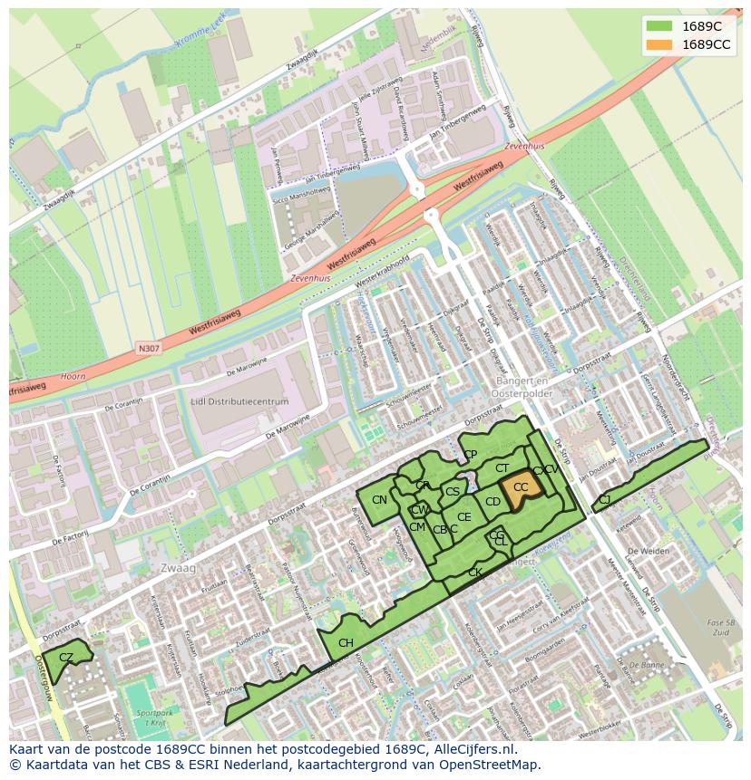 Afbeelding van het postcodegebied 1689 CC op de kaart.