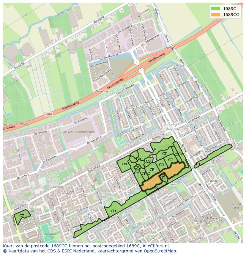 Afbeelding van het postcodegebied 1689 CG op de kaart.