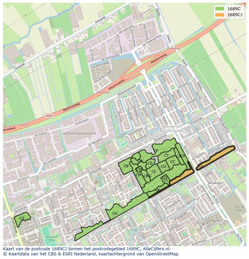 Afbeelding van het postcodegebied 1689 CJ op de kaart.