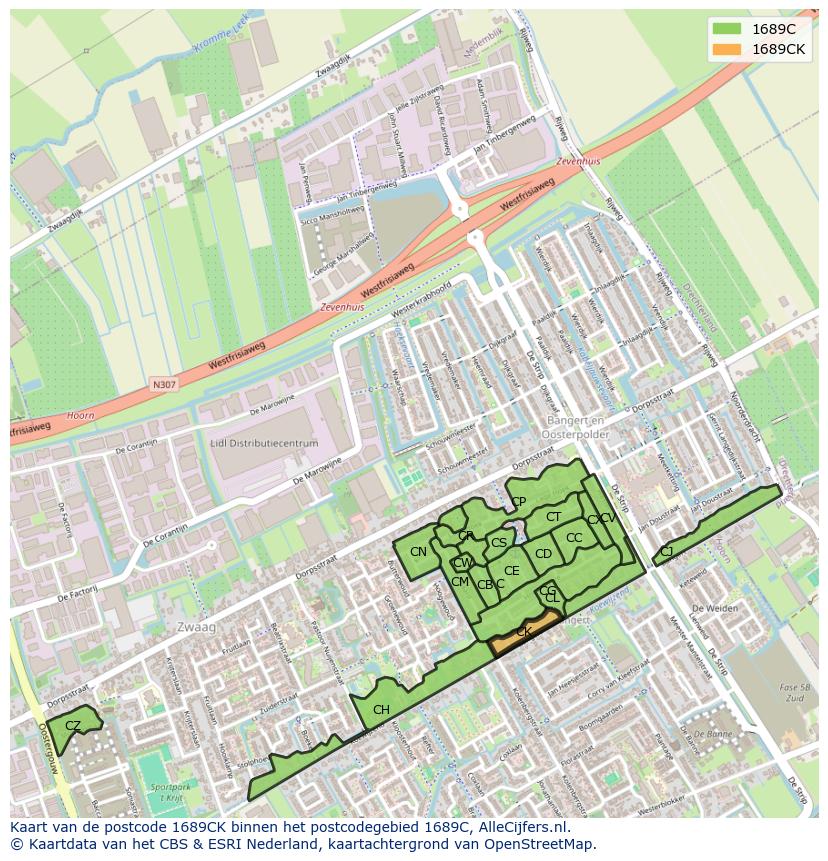 Afbeelding van het postcodegebied 1689 CK op de kaart.